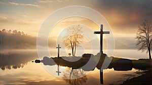 Three Crosses at Sunrise over a Foggy Lake Easter