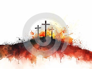 Three crosses on top of the hill in the mist, resurrection, positive emotions, watercolor stye, white background,