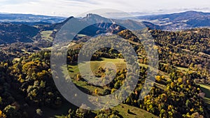 Three Crowns or Trzy Korony Peaks at Pieniny Mountains, Aerial Drone View