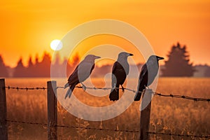 Three Crows on a fence at sunset