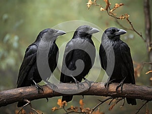 three crows sitting on a branch