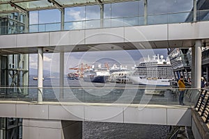 Three Cruise Ships moored at the Cruise Ship dock, Canada Place, Vancouver, British Columbia, Canada