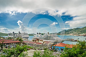 Three cruise ships in the port of St Thomas, US Virgin Islands