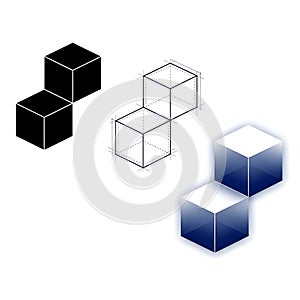Three cube representations isolated on white background