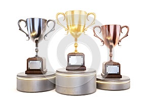 Three Cup winners on the podium isolated on white background. 3d rendering.