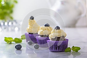 Three cupcakes with blueberry in purple wrap on white marble table top