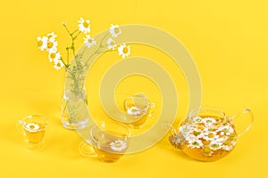 Three cups of camomile tea, transparent teapot and vase with daisy-like flowers on yellow background. Chamomile Tea Benefits Your