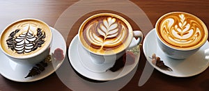 Three cups of cappuccino on saucers on a wooden table