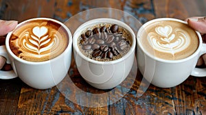 Three cups of coffee with different designs and flavors