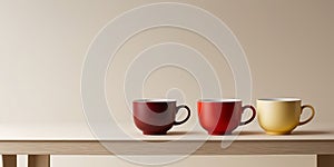 Three cups of different colors are lined up on a table