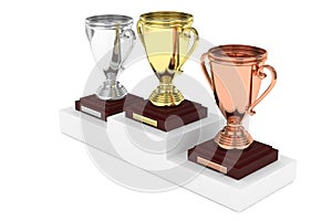 Three cups on pedestal. 3D rendering.