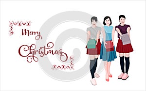 Three cute Asian girl with gift package, cute girls with box vector  character illustration for Christmas Designs