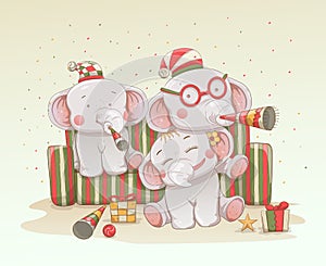 Three cute baby elephants celebrate christmas and new years together.