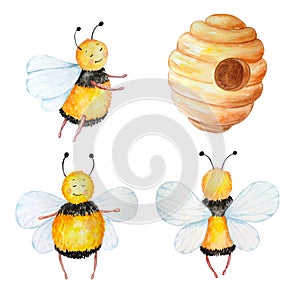 Three cute bees and a beehive