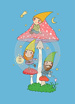 Three cute cartoon gnomes. Forest elves. Fairy tale characters.