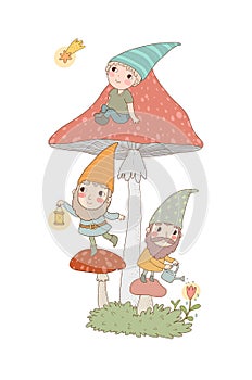 Three cute cartoon gnomes. Forest elves. Fairy tale characters.