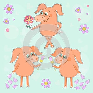 Three cute cartoon piglet stickers Happy and sad pigs with a flower in a hand.