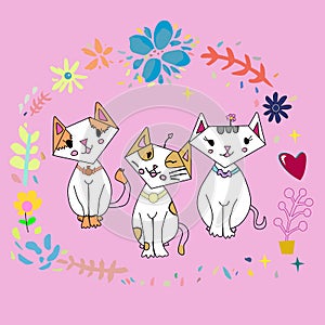 The three cute cats. Colorful doodle animals. Vector illustration.