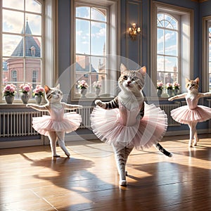 Three cute cats dancing ballet in ballet clothes