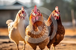 three cute chickens in nature.