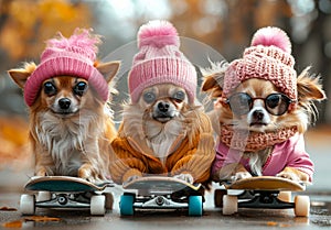 Three cute chihuahua dogs sitting on skateboard in the autumn park