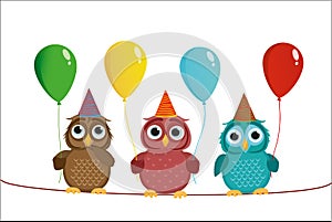 Three cute colored owls sitting on a rope and holding balloons.