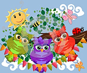 Three cute colorful cartoon owls sitting on tree branch with flowers