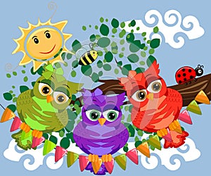 Three cute colorful cartoon owls sitting on tree branch with flowers