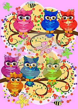 Three cute colorful cartoon owls sitting on tree branch with flowers. Funny sticker of birds on white background