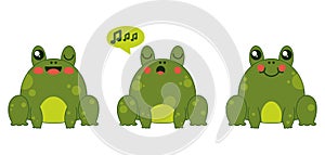 Three Cute Frogs Or Toads. Winking, Smiling And Singing. Vector Illustration In Flat Style