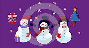 Three cute funny snowman characters with gifts and Christmas tree. Children s Christmas paper application on a purple background