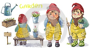 Three cute gardeners and their tools