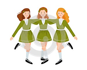 Three cute girls in green dresses are dancing together. Irish dancers isolated on a white background. Vector flat