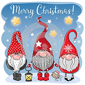 Three cute Gnomes on a blue background