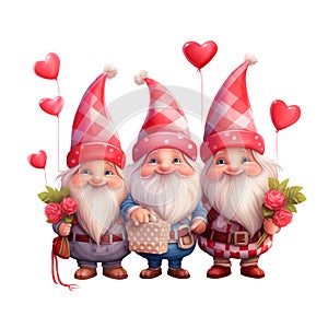 Three cute gnomes with flowers and heart shaped balloons design for Valentine\'s Day isolated on transparent background
