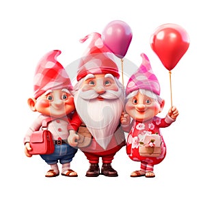 Three cute gnomes with flowers and heart shaped balloons design for Valentine\'s Day isolated on transparent background