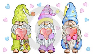 Three cute gnomes with valentine hearts in hands. Valentine day clipart. Watercolor drawing isolated on white background