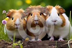 Three cute guinea pigs sitting in the grass and looking at the camera