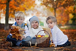 Three cute kids in the park, with leaves and basket of fruits