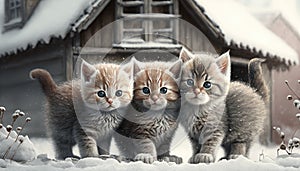 Three Cute Kittens Playing in the Snow