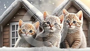 Three Cute Kittens Playing in the Snow