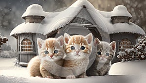 Three Cute Kittens Playing in the Snow