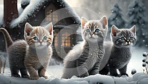 Three Cute Kittens Playing in the Snow