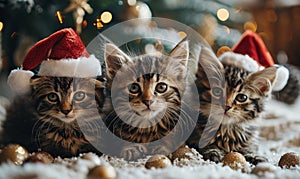 Three cute kittens wearing Santa hats sitting next to the Christmas tree