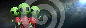 Three cute little alien cartoon characters in front of the Milky Way galaxy 3d illustration background banner