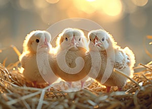 Three cute little newborn chicks in straw nest on farm
