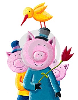 Three cute little pigs with hats and tulip