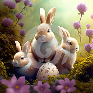 Three cute little rabbits are sitting between flowers with easter eggs