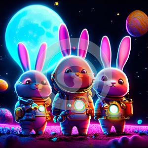 Three cute little rabbits in space with full moon. 3d rendering AI Generated