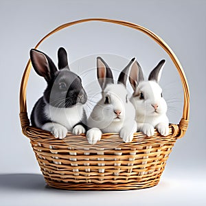 Three cute little rabbits in a wicker basket